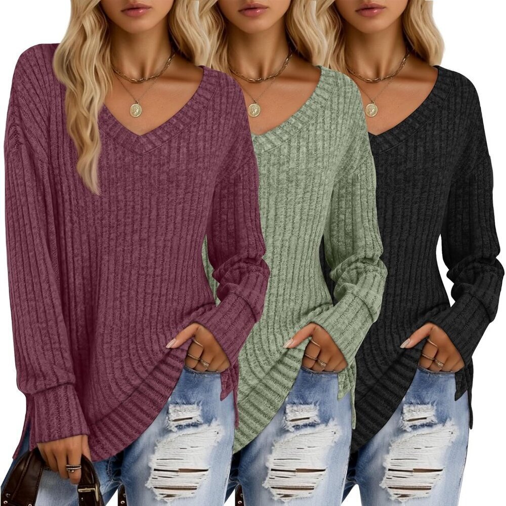 Women's Long Sleeve Lightweight Sweaters 3 Pack V Neck Side Split Fall Basic - Picture 1 of 5